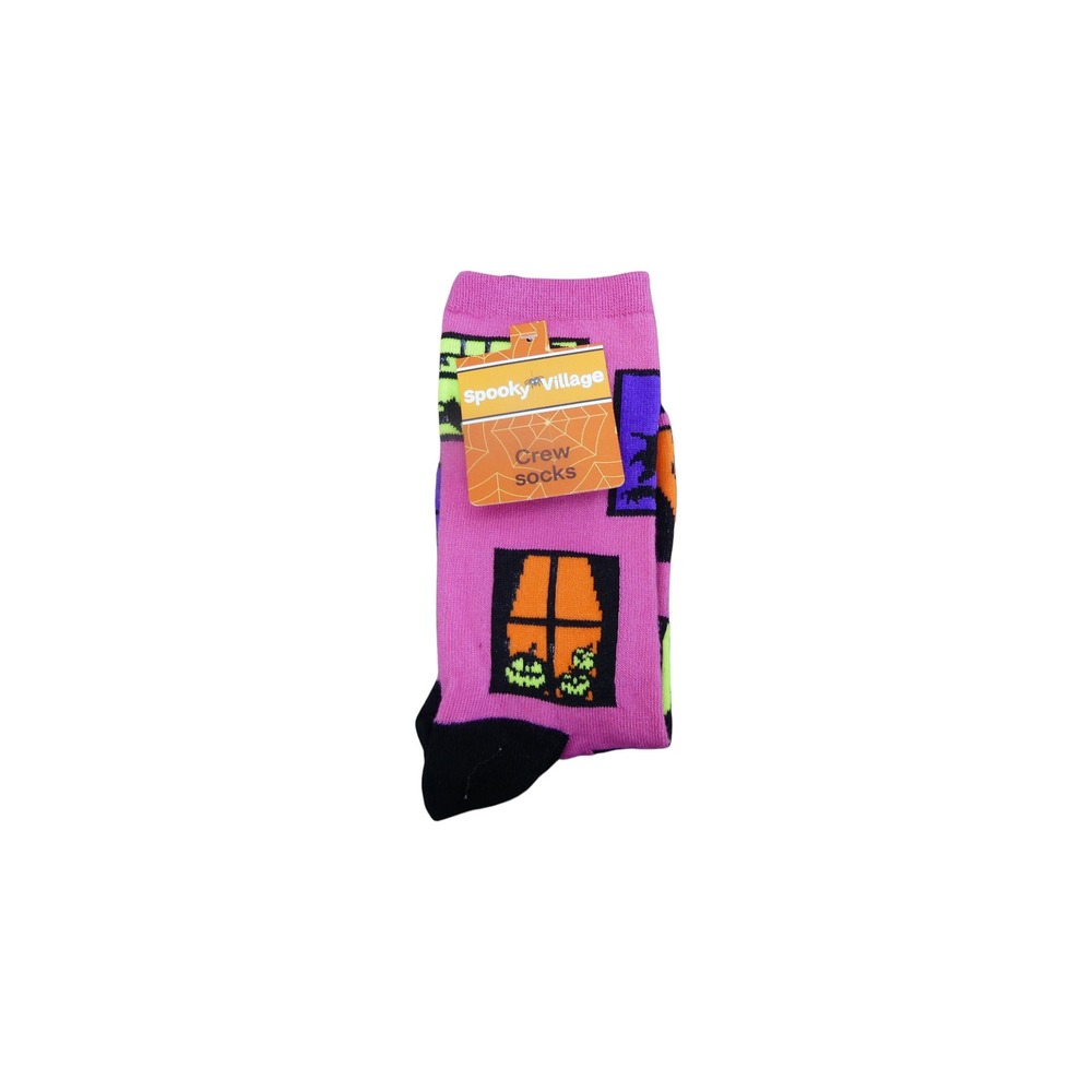 Spooky Village Crew Socks Womens One Size Pink NWT Halloween Haunted House Print